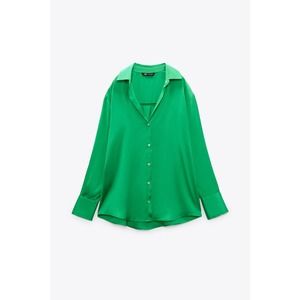 ZARA Simple Satin Flowing Long Sleeve V-neck Green Blouse XS